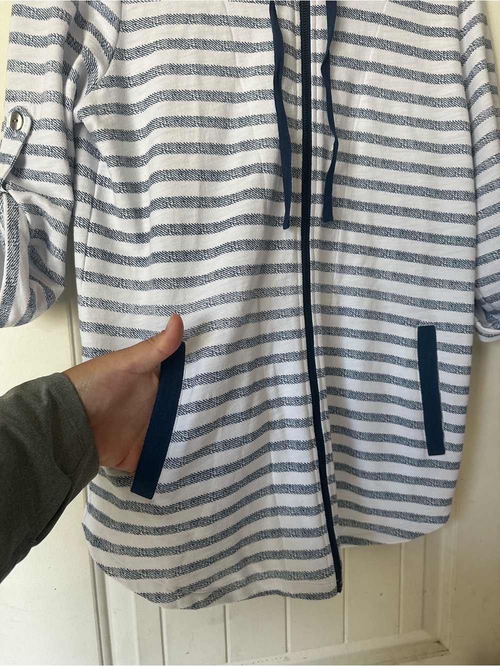 Wild Palm Stripe Full-Zip Hooded Tunic Jacket - Blue/White - Size Small - Picture 3 of 5